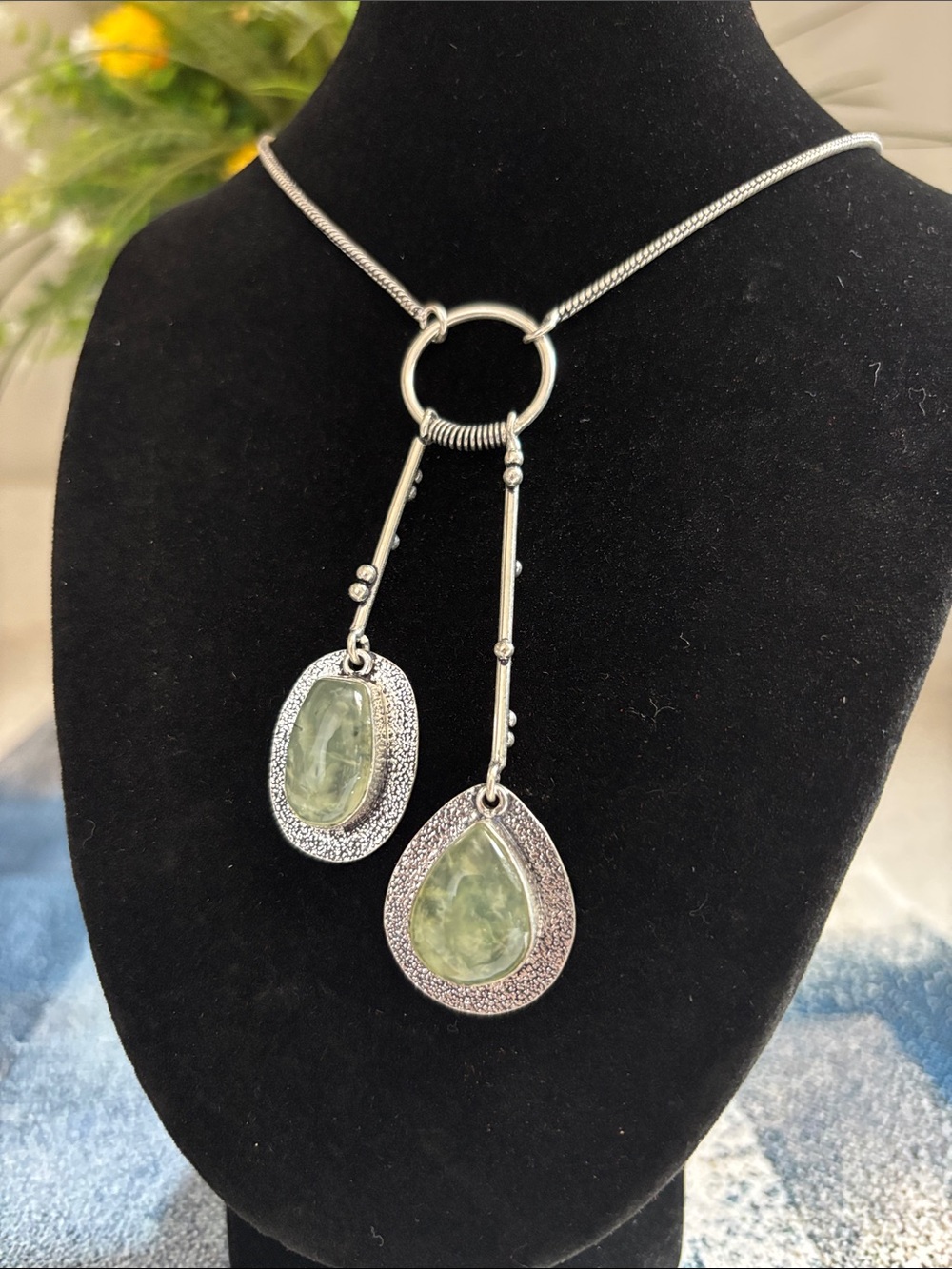 Double Drop Prehnite Light Green Gemstone Necklace - Picture 3 of 10